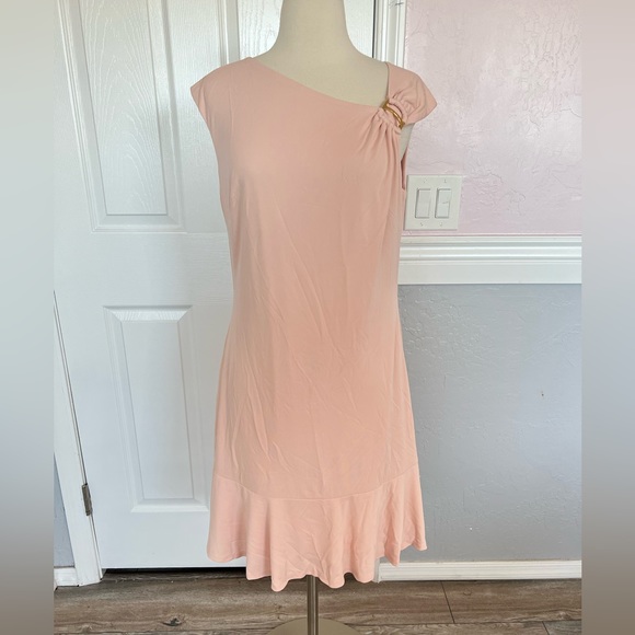 Ralph Lauren Black Label  Pink Dress with Gold Shoulder Accent Ruffled size 10 - Picture 2 of 13